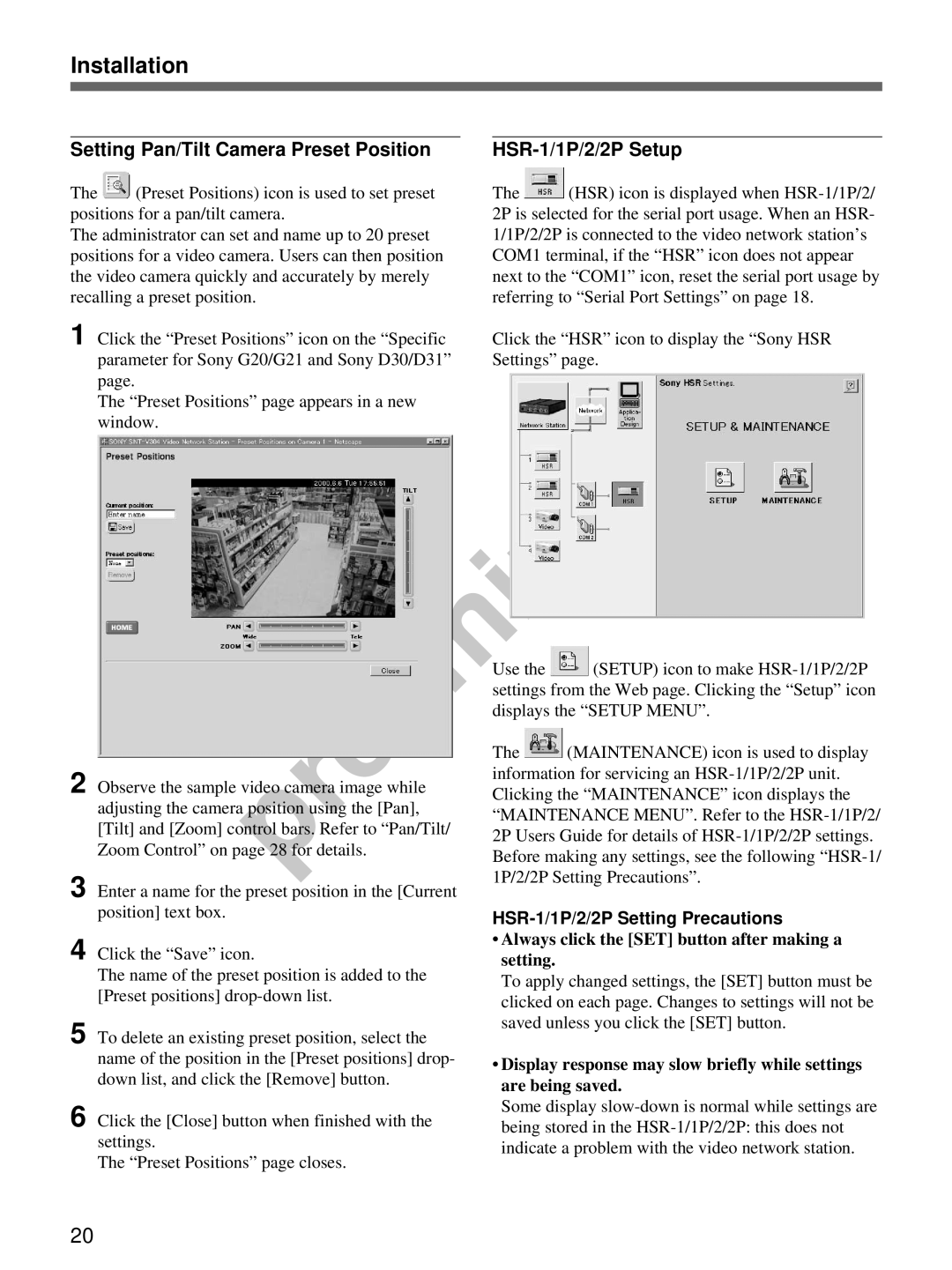 Sony snt-v manual Setting Pan/Tilt Camera Preset Position, HSR-1/1P/2/2P Setup, HSR-1/1P/2/2P Setting Precautions 