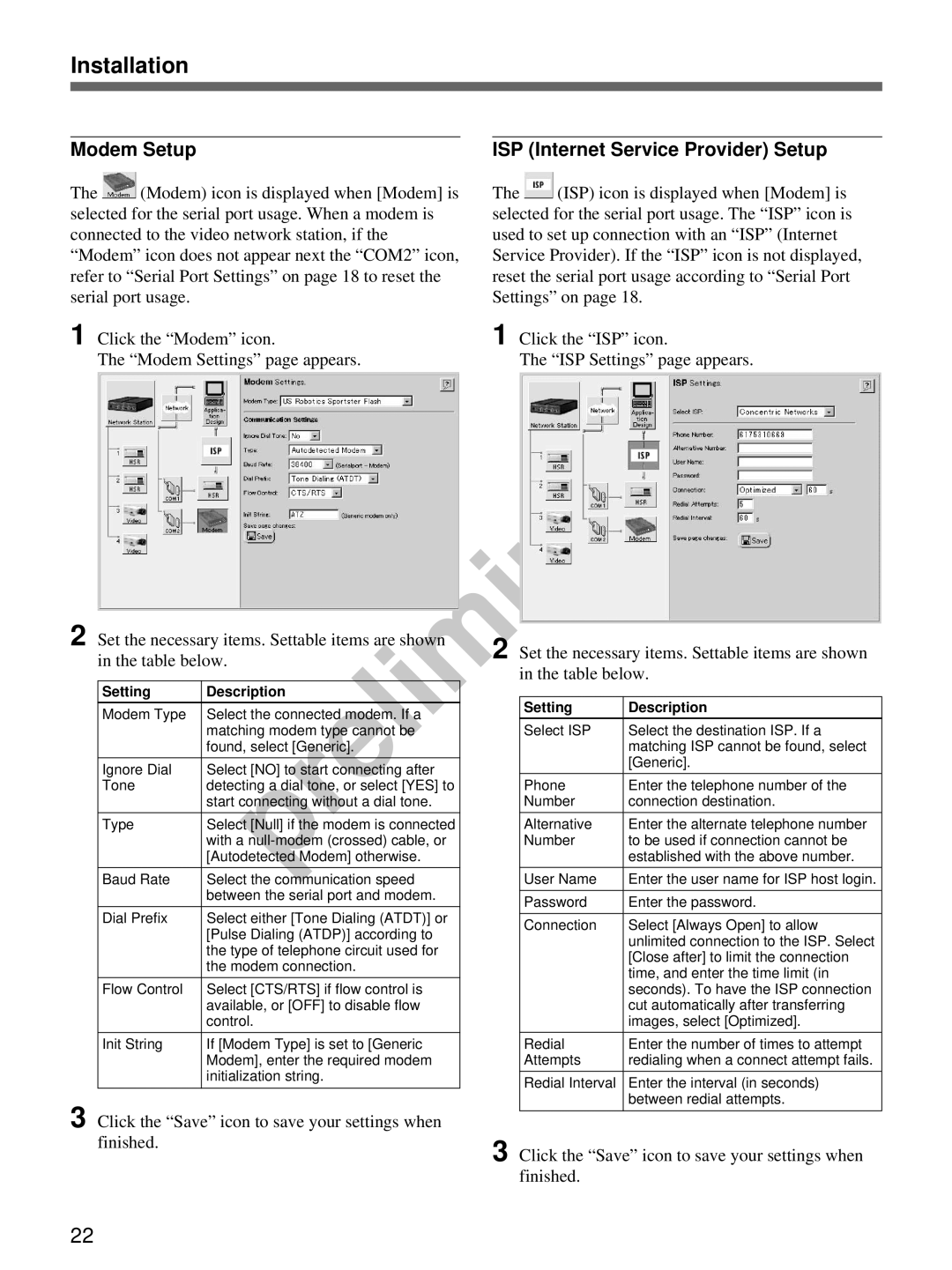 Sony snt-v manual Modem Setup, ISP Internet Service Provider Setup 