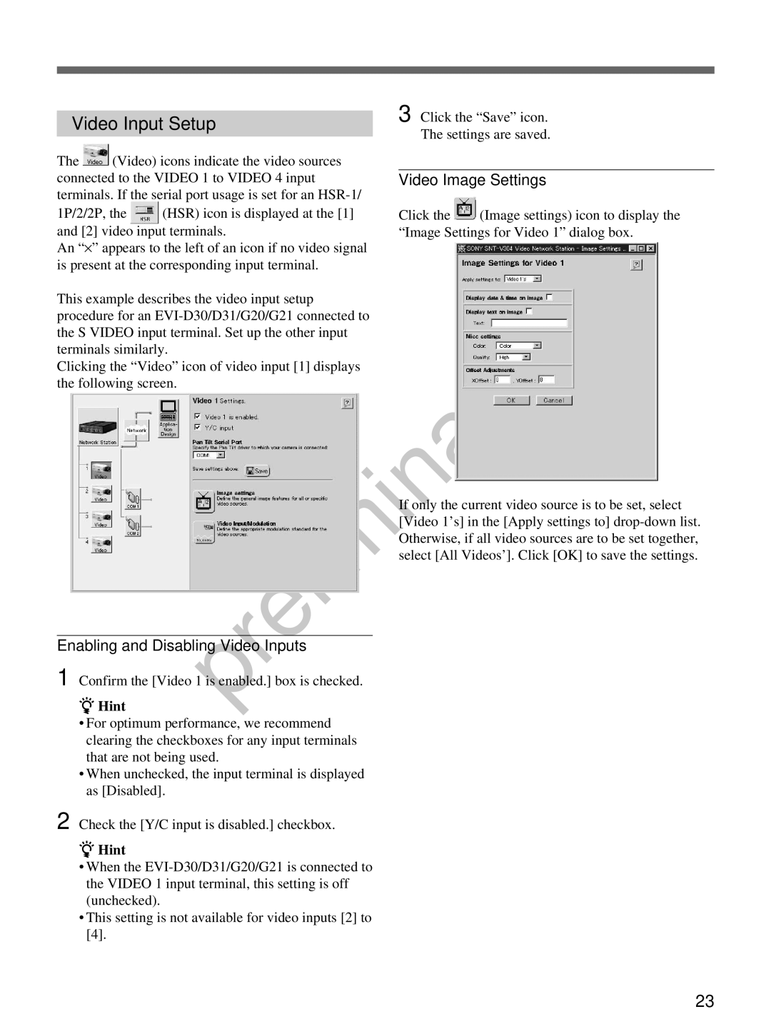 Sony snt-v manual Video Input Setup, Video Image Settings, Enabling and Disabling Video Inputs 