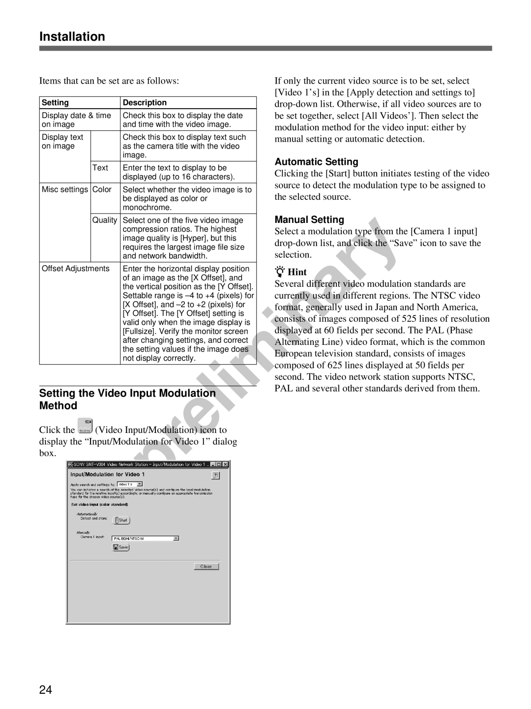 Sony snt-v manual Setting the Video Input Modulation Method, Automatic Setting, Manual Setting 