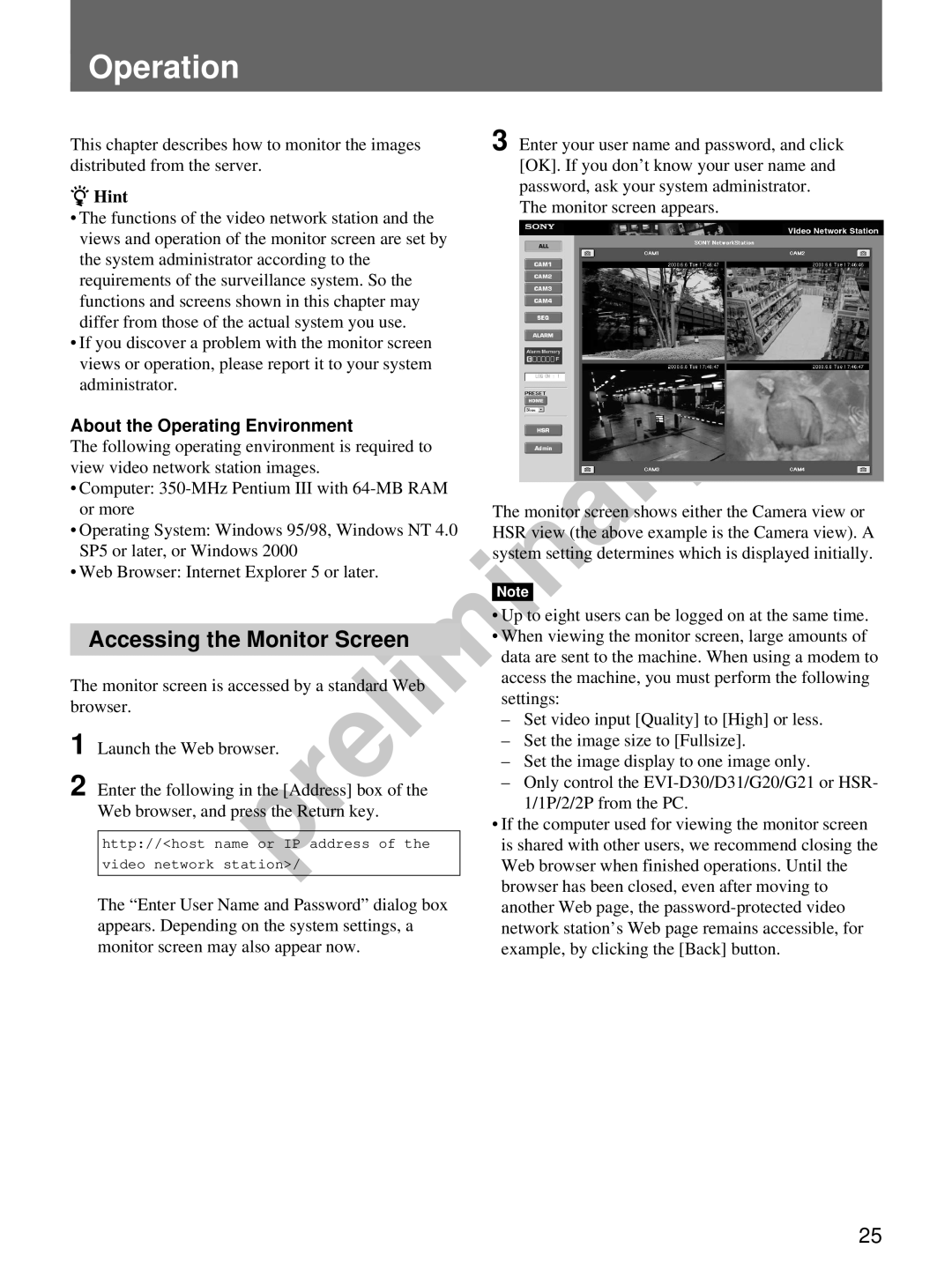 Sony snt-v manual Operation, Accessing the Monitor Screen, About the Operating Environment 