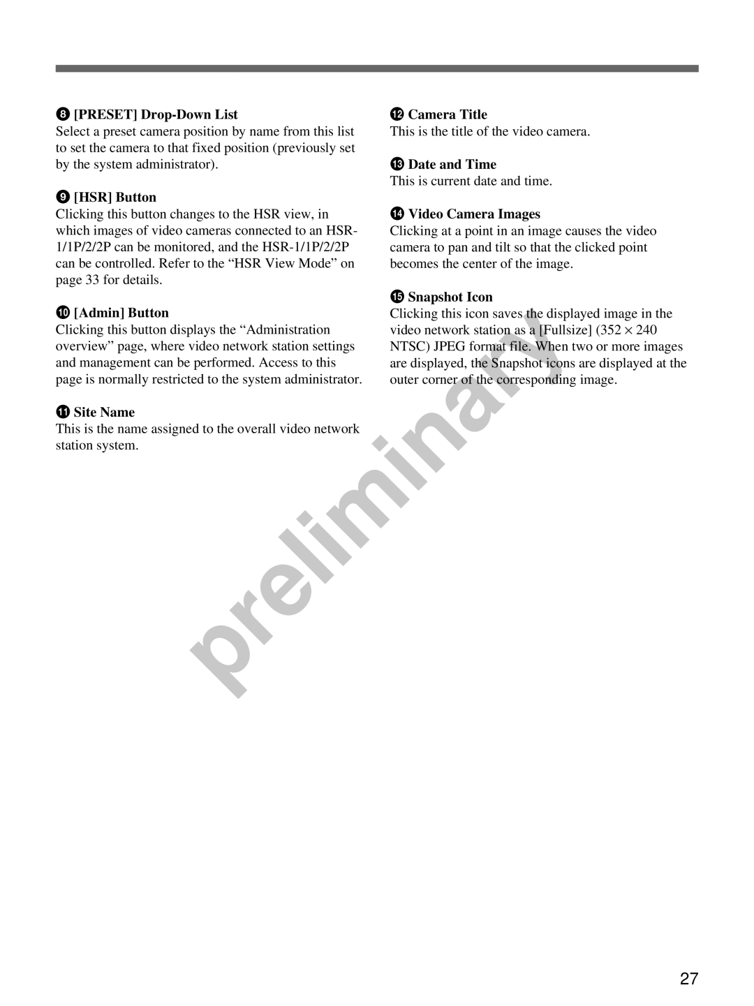 Sony snt-v manual Preset Drop-Down List, HSR Button, Admin Button, Qa Site Name, Qs Camera Title, Qd Date and Time 