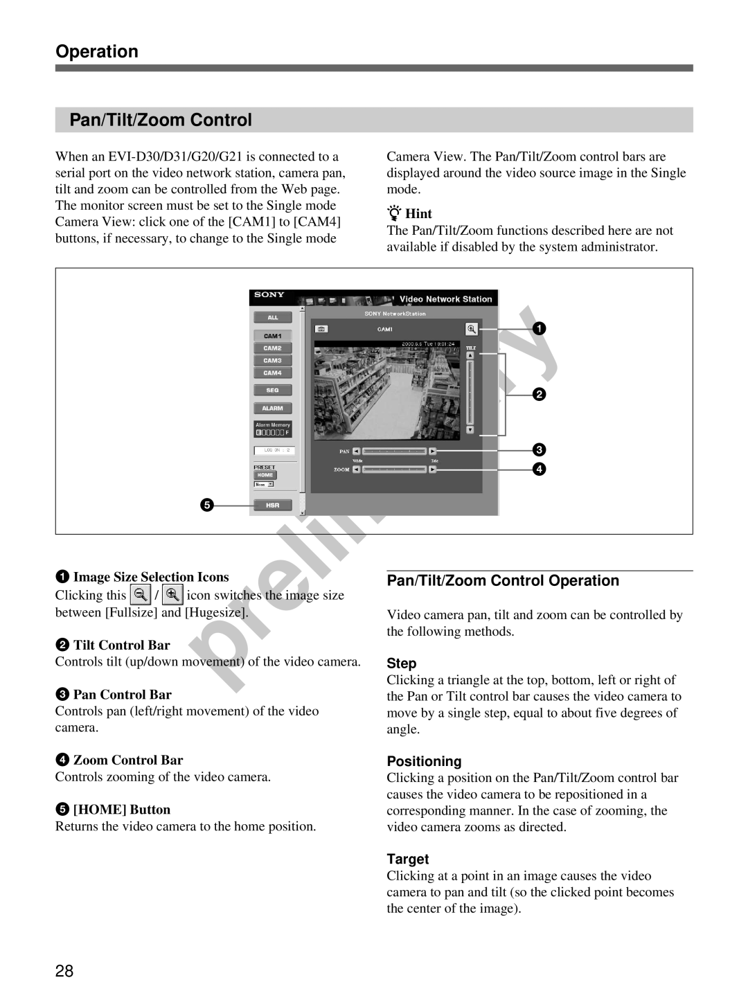 Sony snt-v manual Operation Pan/Tilt/Zoom Control, Pan/Tilt/Zoom Control Operation, Step, Positioning, Target 