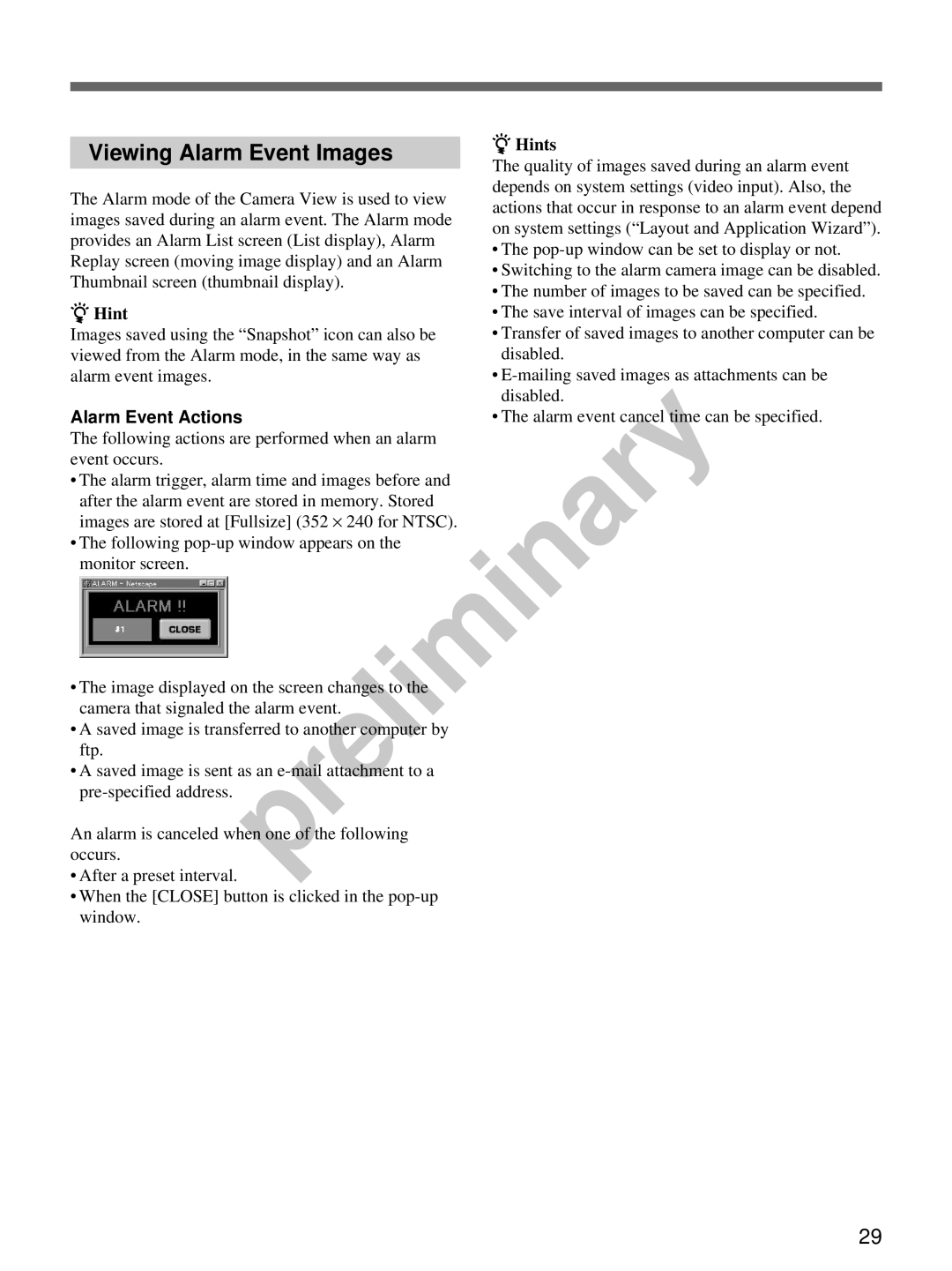 Sony snt-v manual Viewing Alarm Event Images, Alarm Event Actions 