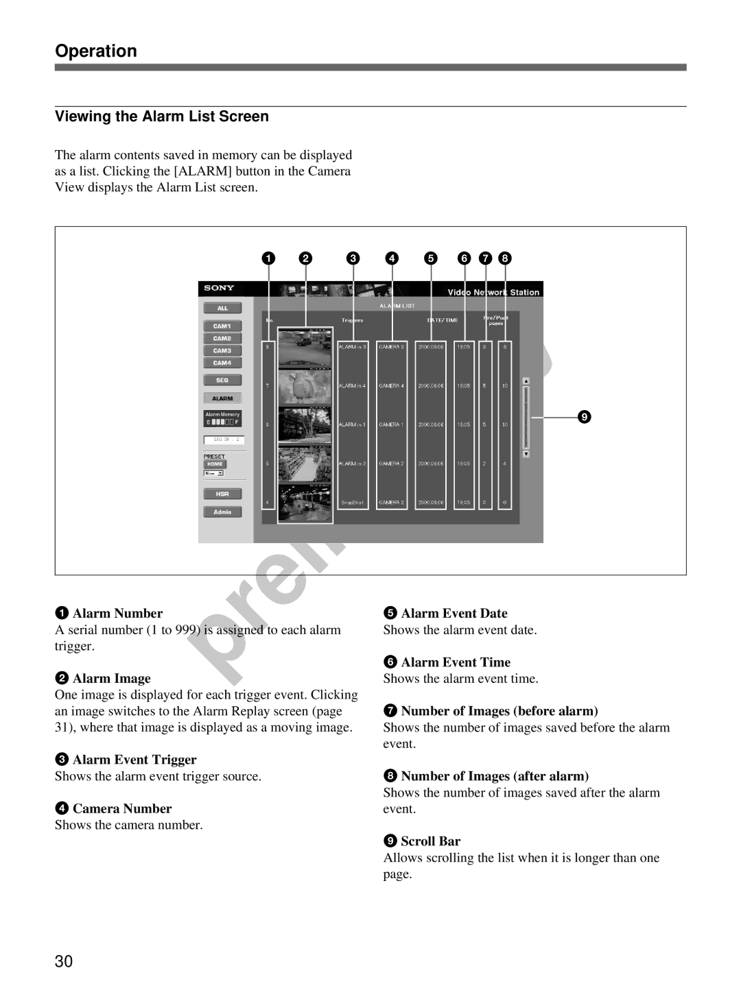 Sony snt-v manual Operation, Viewing the Alarm List Screen 