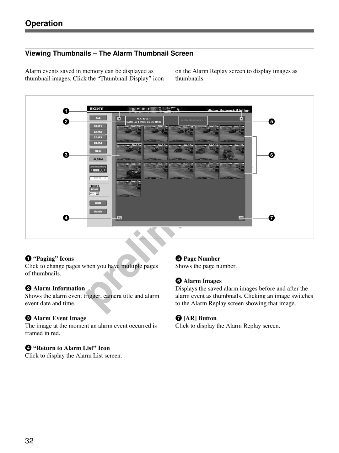 Sony snt-v manual Viewing Thumbnails The Alarm Thumbnail Screen, Paging Icons, Alarm Event Image, AR Button 