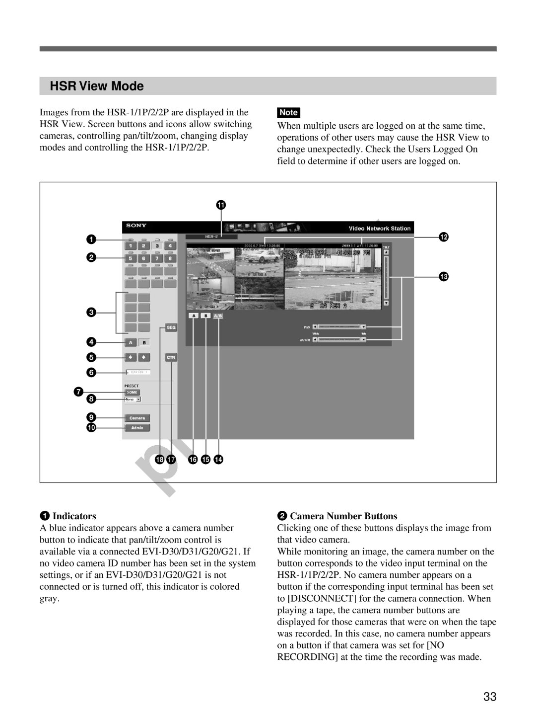 Sony snt-v manual HSR View Mode, Indicators Camera Number Buttons 