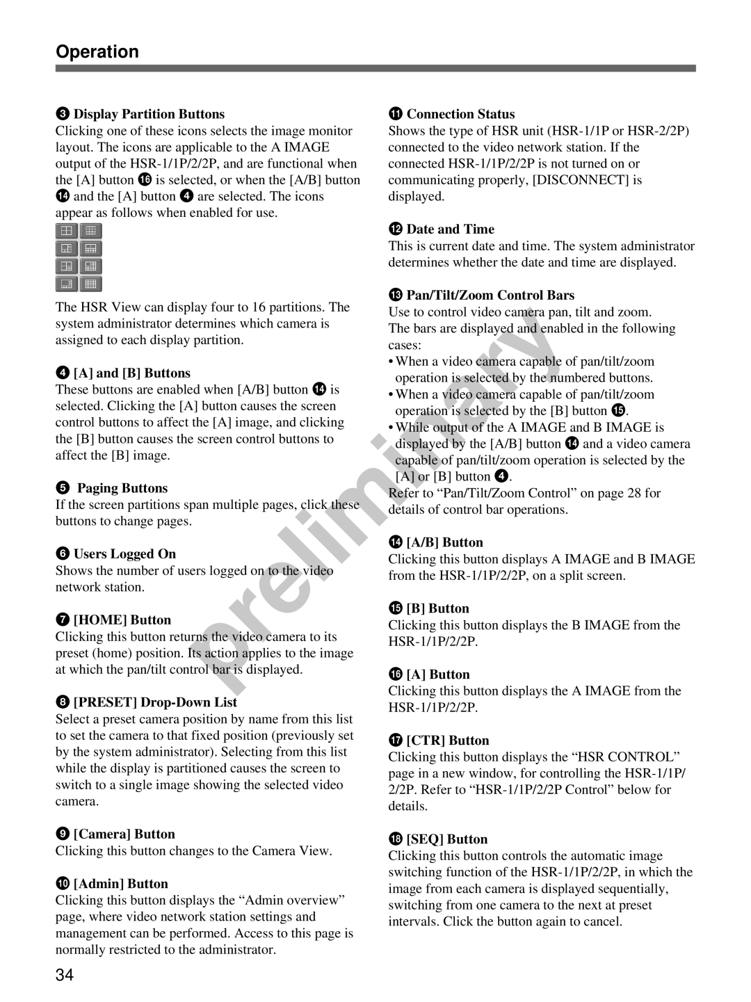 Sony snt-v Display Partition Buttons, B Buttons, Paging Buttons, Camera Button, Qa Connection Status, Qs Date and Time 