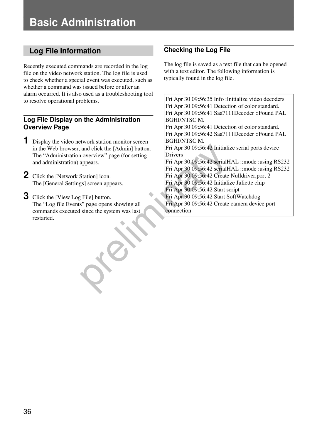 Sony snt-v manual Log File Information, Log File Display on the Administration Overview, Checking the Log File 