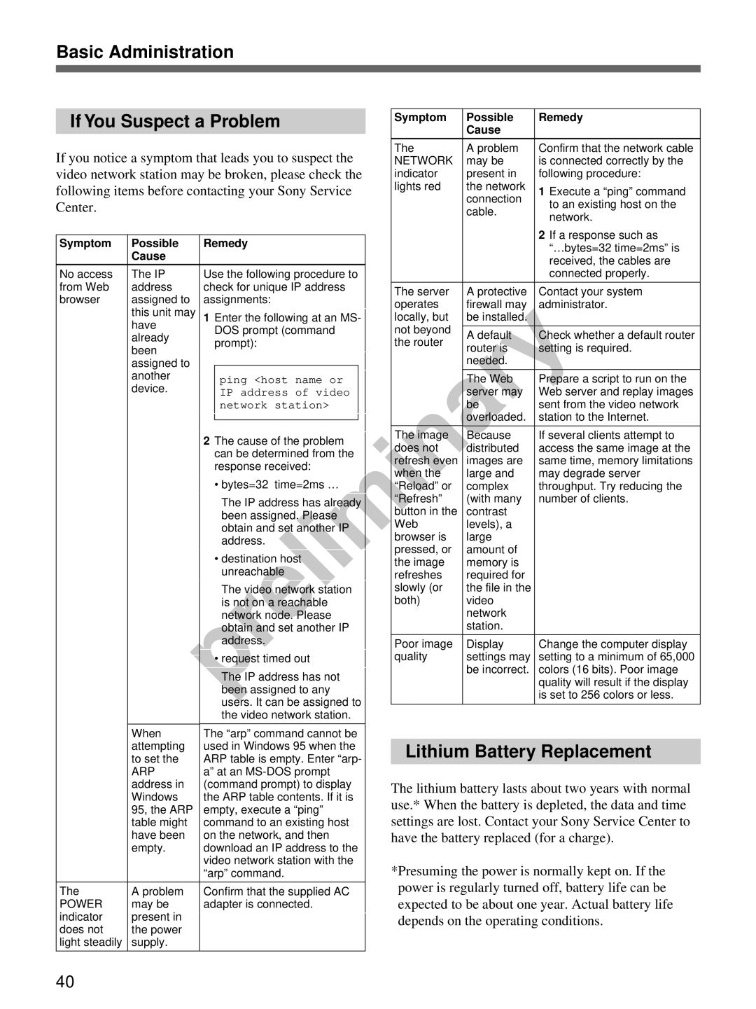 Sony snt-v manual Basic Administration If You Suspect a Problem, Lithium Battery Replacement, Symptom Possible Remedy Cause 