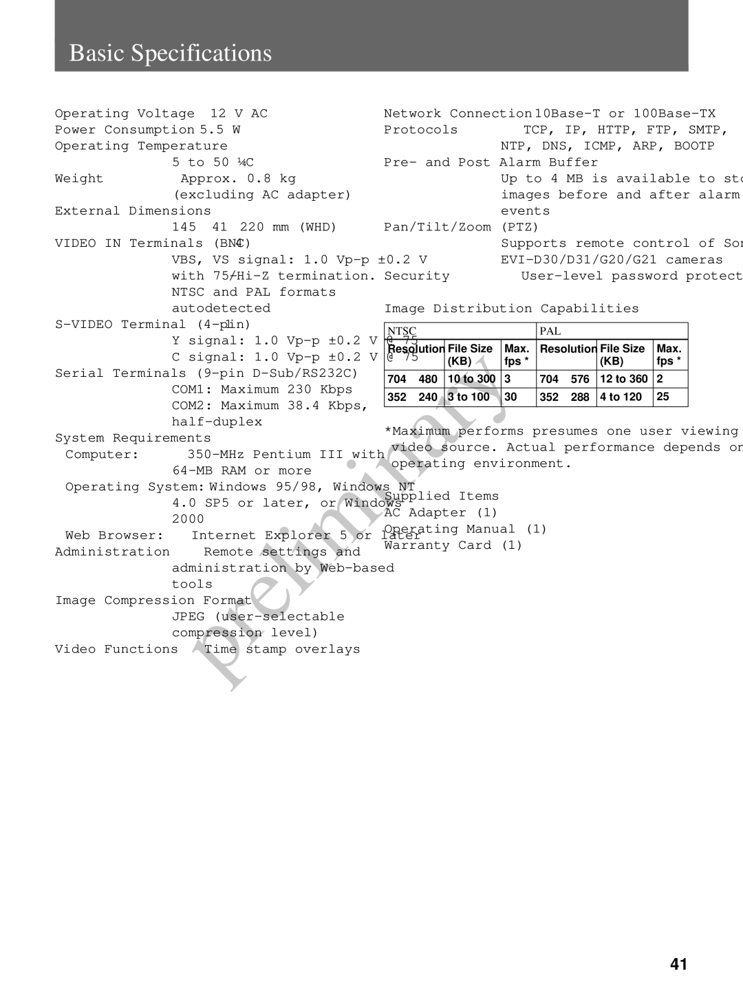 Sony snt-v manual Basic Specifications, TCP, IP, HTTP, FTP, Smtp 