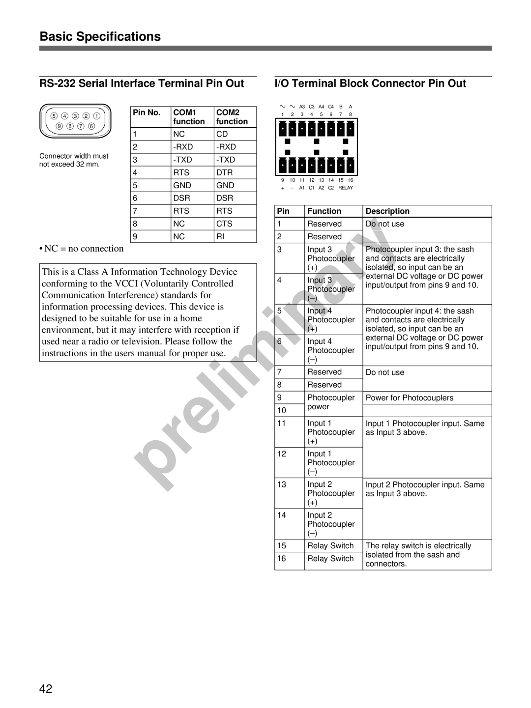 Sony snt-v manual Basic Specifications, RS-232 Serial Interface Terminal Pin Out, Terminal Block Connector Pin Out 