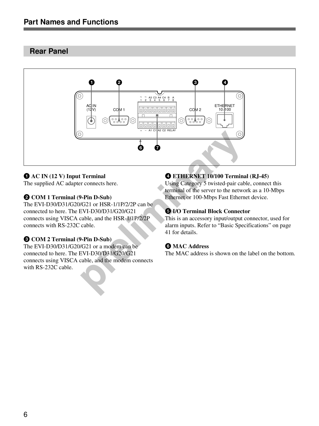 Sony snt-v manual Part Names and Functions Rear Panel, AC in 12 V Input Terminal, COM 1 Terminal 9-Pin D-Sub, MAC Address 