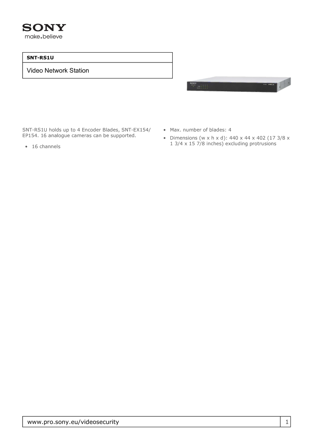 Sony SNTRS1U dimensions Video Network Station 