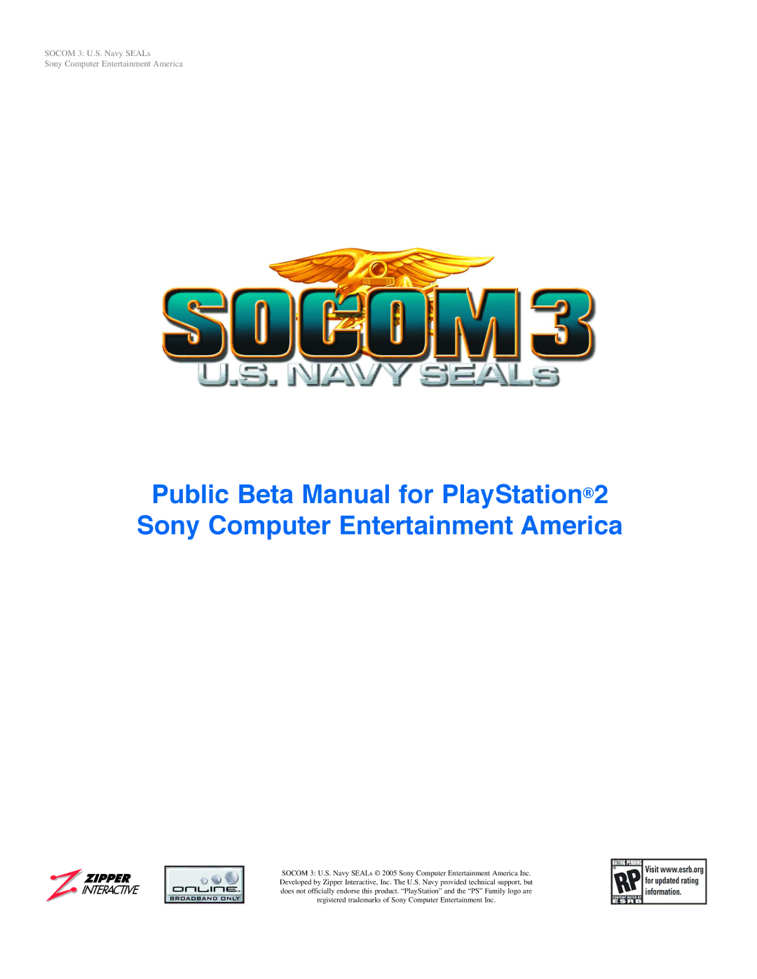 Sony SOCOM 3 manual Socom 3 U.S. Navy SEALs Sony Computer Entertainment America 