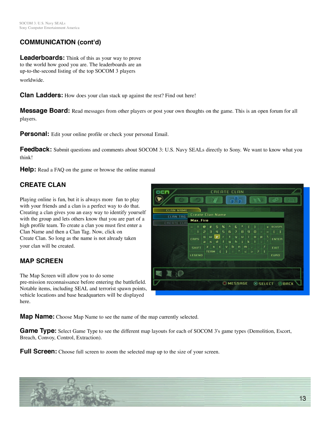 Sony SOCOM 3 manual Create Clan, MAP Screen 