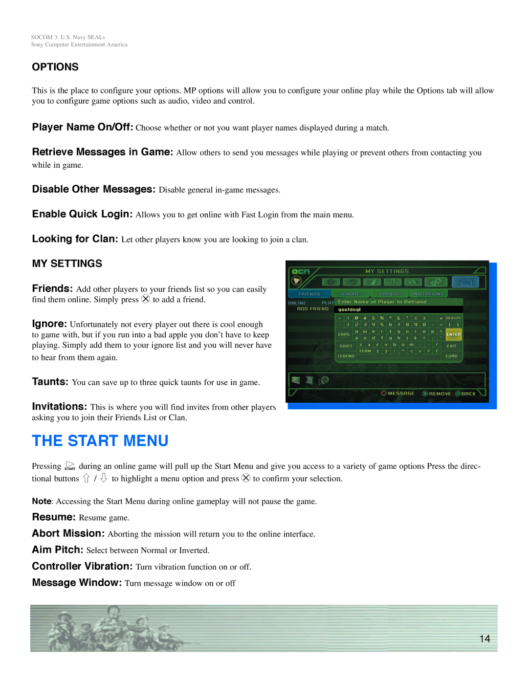 Sony SOCOM 3 manual Start Menu, Options, MY Settings 