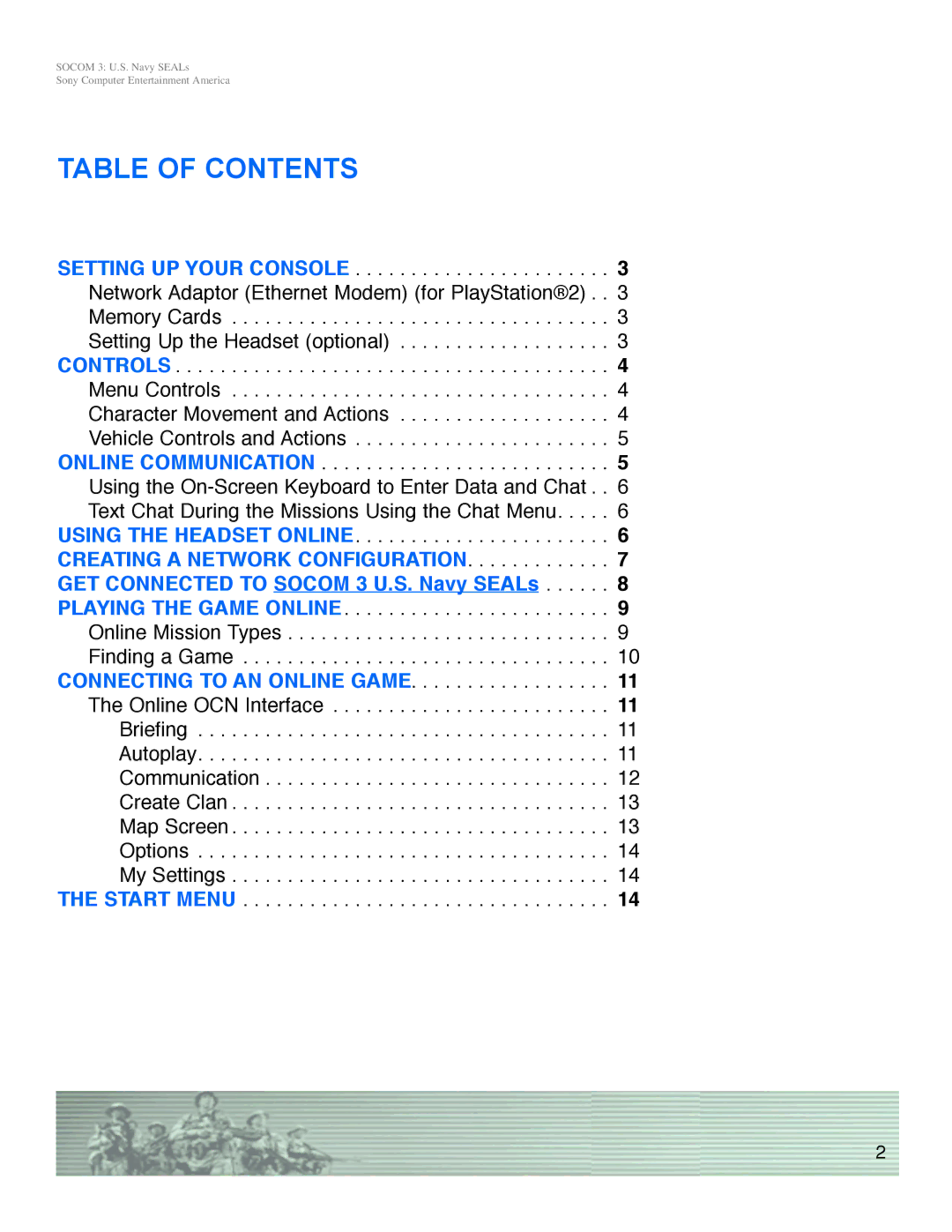 Sony SOCOM 3 manual Table of Contents 