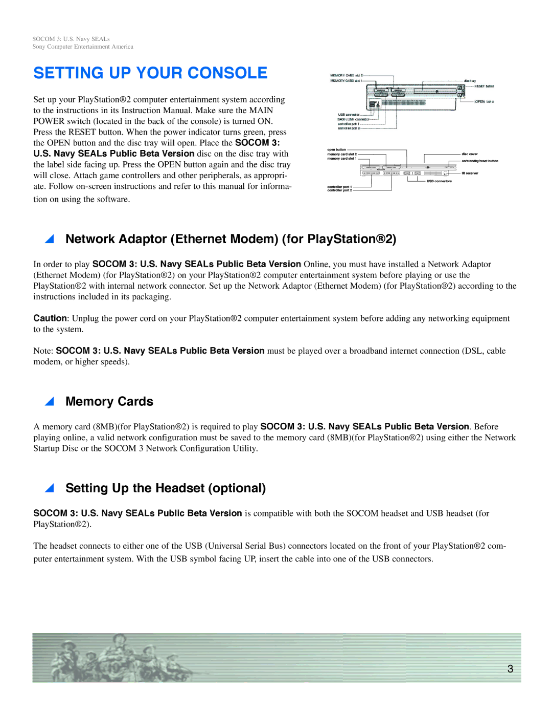 Sony SOCOM 3 manual Setting UP Your Console, Network Adaptor Ethernet Modem for PlayStation2, Memory Cards 