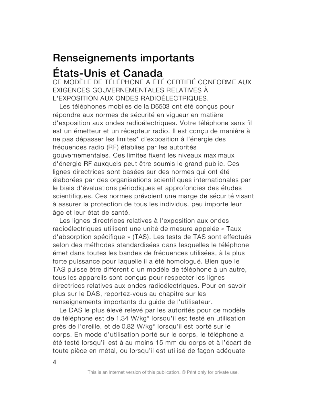 Sony Sony D6503 manual Renseignements importants États-Unis et Canada 