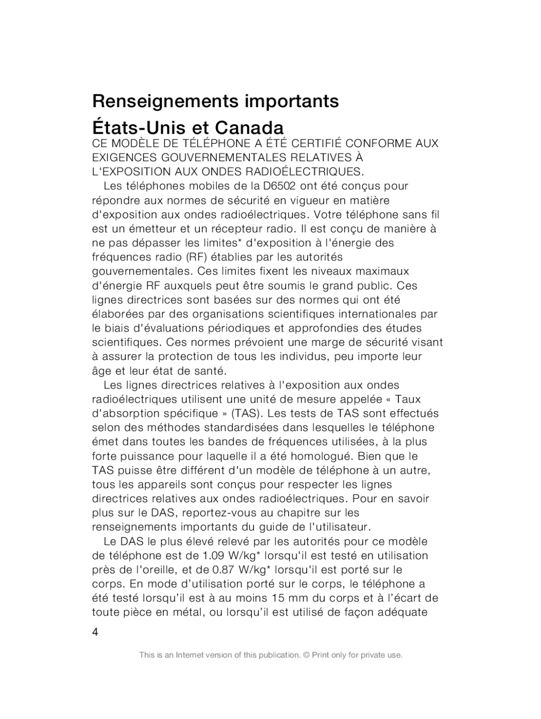 Sony Sony D6503 manual Renseignements importants États-Unis et Canada 