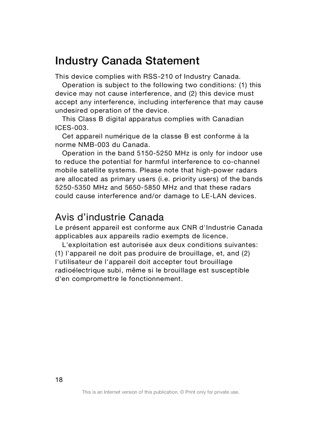 Sony Sony D6503 manual Industry Canada Statement 