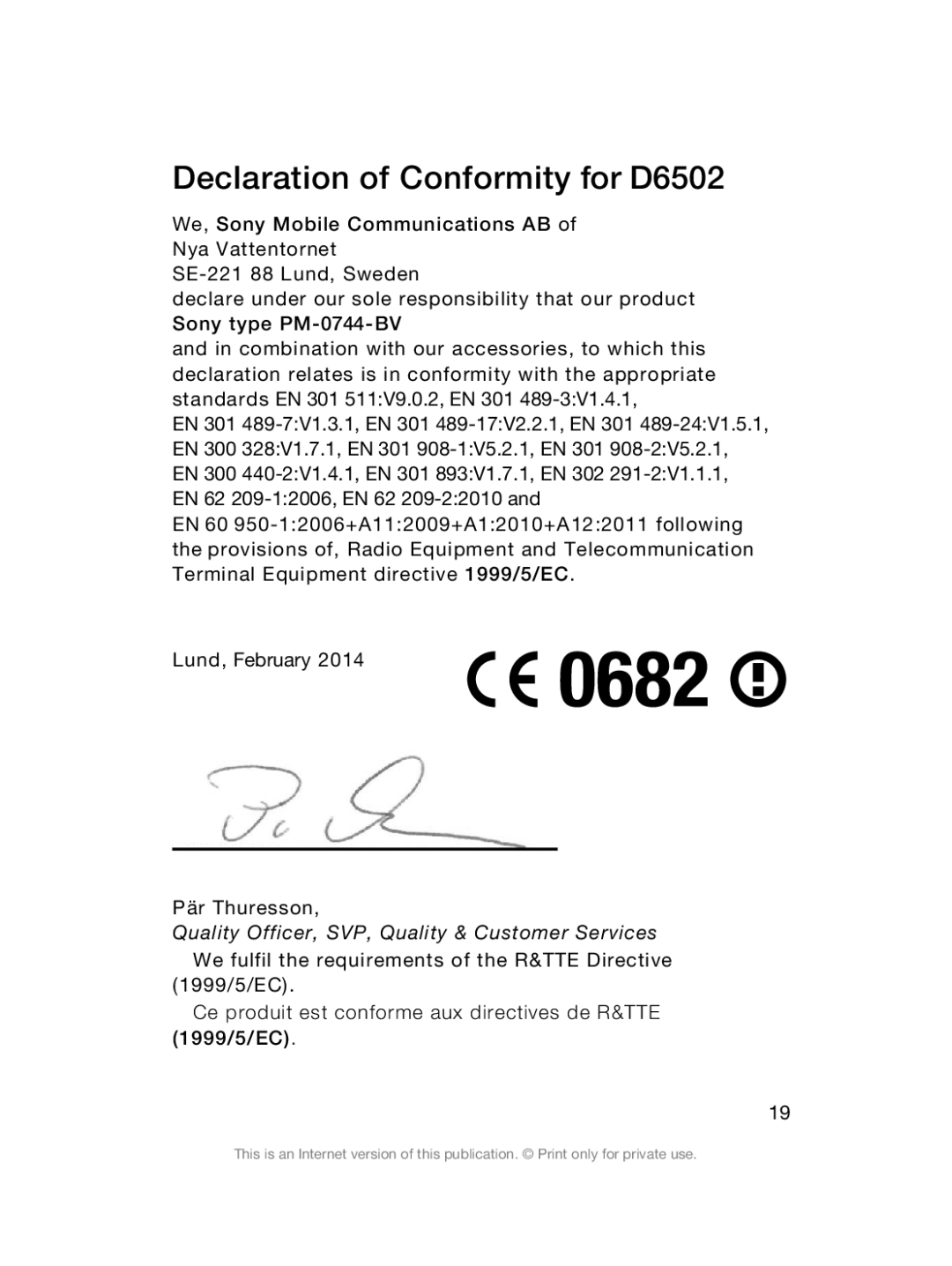 Sony Sony D6503 manual Declaration of Conformity for D6502 