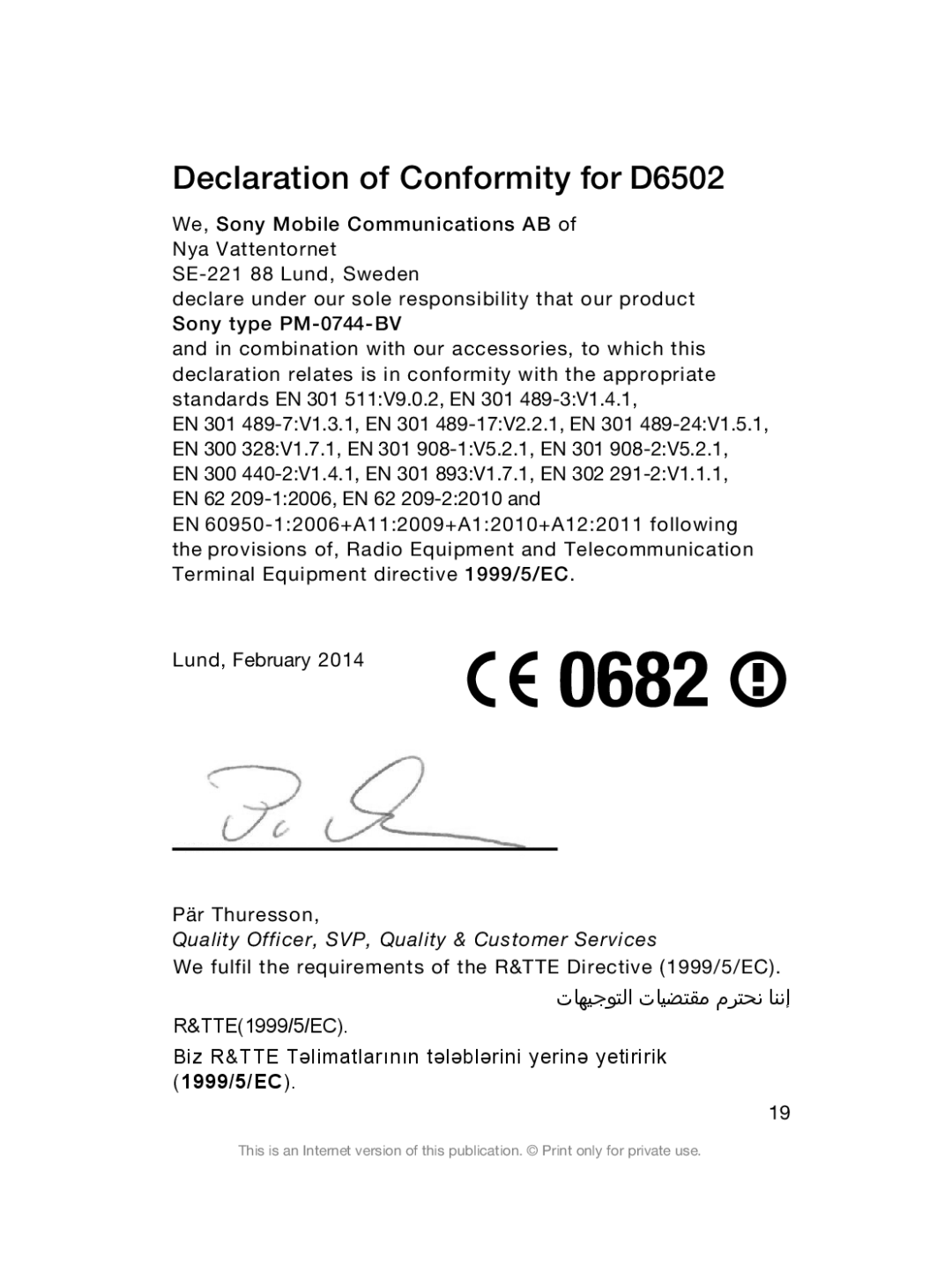 Sony Sony D6503 manual Declaration of Conformity for D6502 