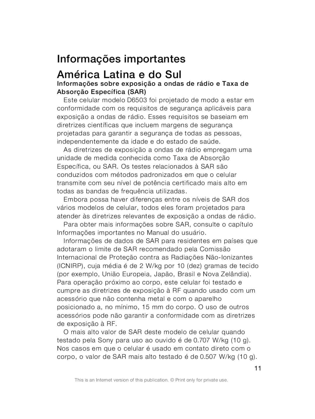 Sony Sony D6503 manual Informações importantes América Latina e do Sul 