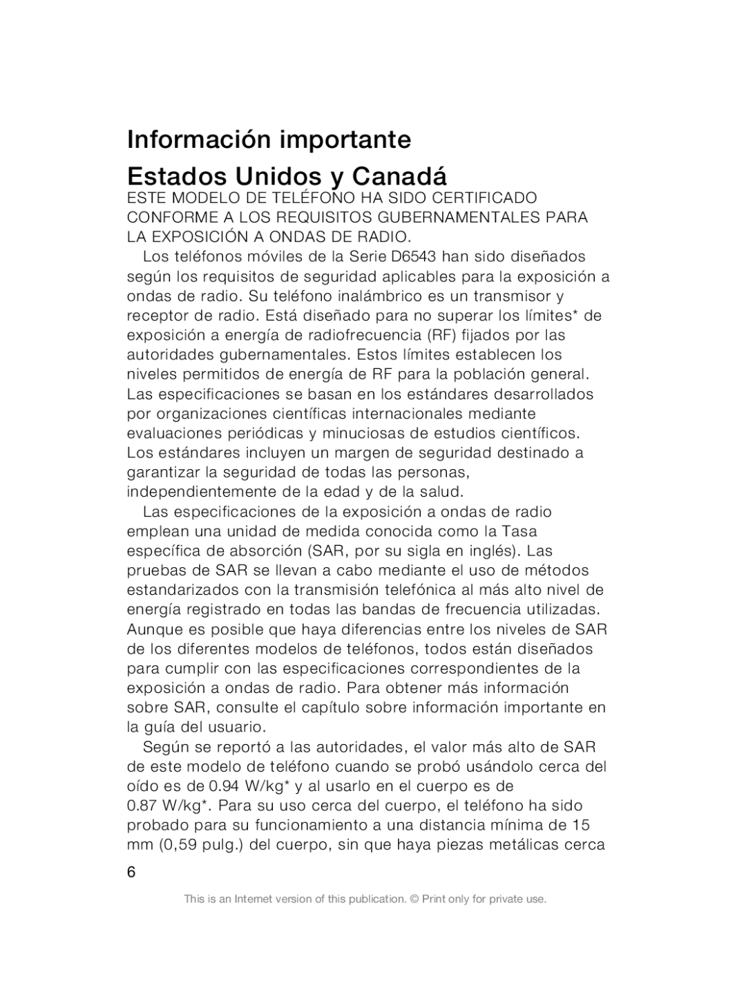 Sony Sony D6503 manual Información importante Estados Unidos y Canadá 