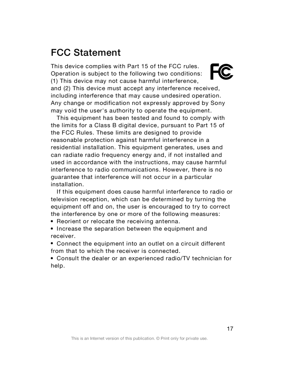 Sony Sony D6503 manual FCC Statement 