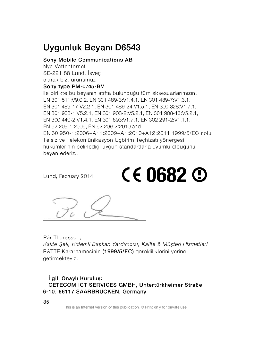 Sony Sony D6503 manual Uygunluk Beyanı D6543 