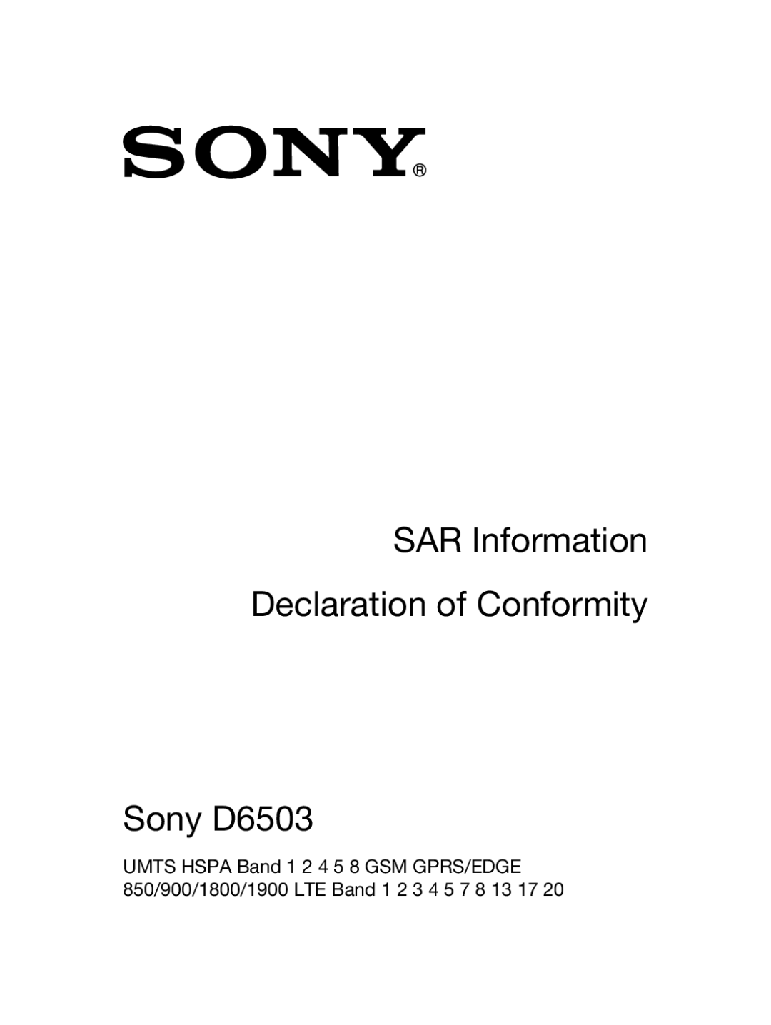 Sony manual SAR Information Declaration of Conformity Sony D6503 