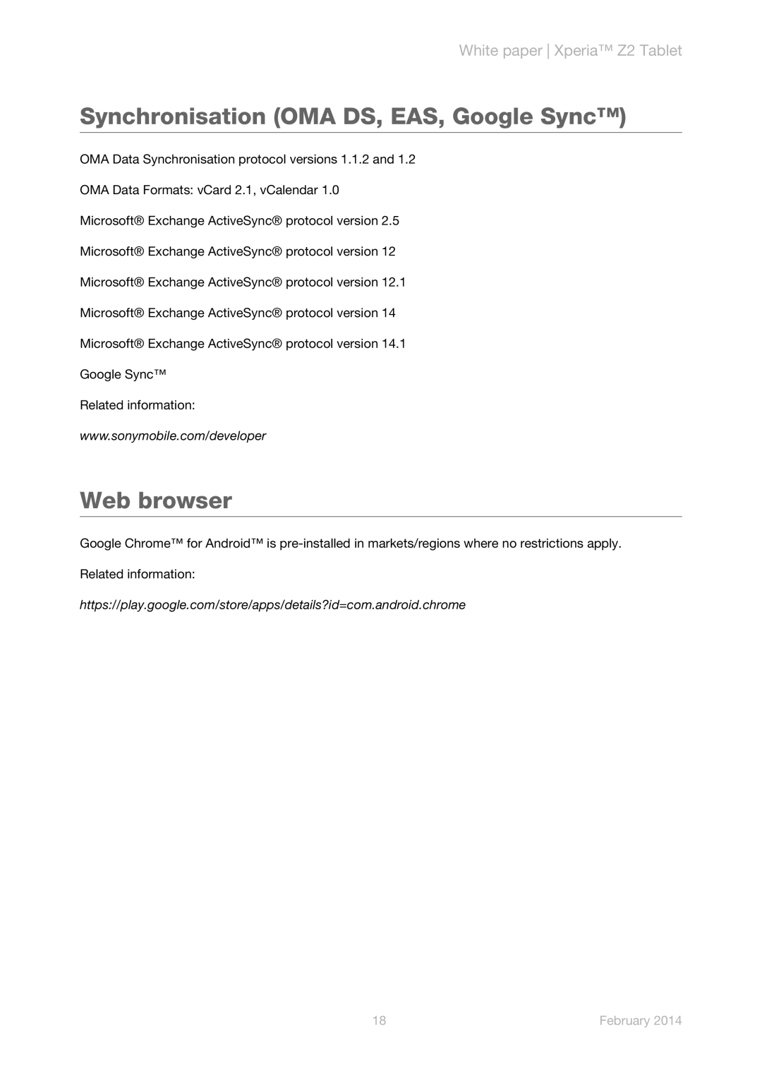 Sony SGP521, SPG541, SPG551 manual Synchronisation OMA DS, EAS, Google Sync, Web browser 