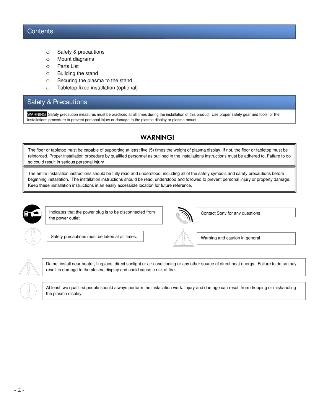 Sony SPM-TRI/C installation manual Contents, Safety & Precautions 