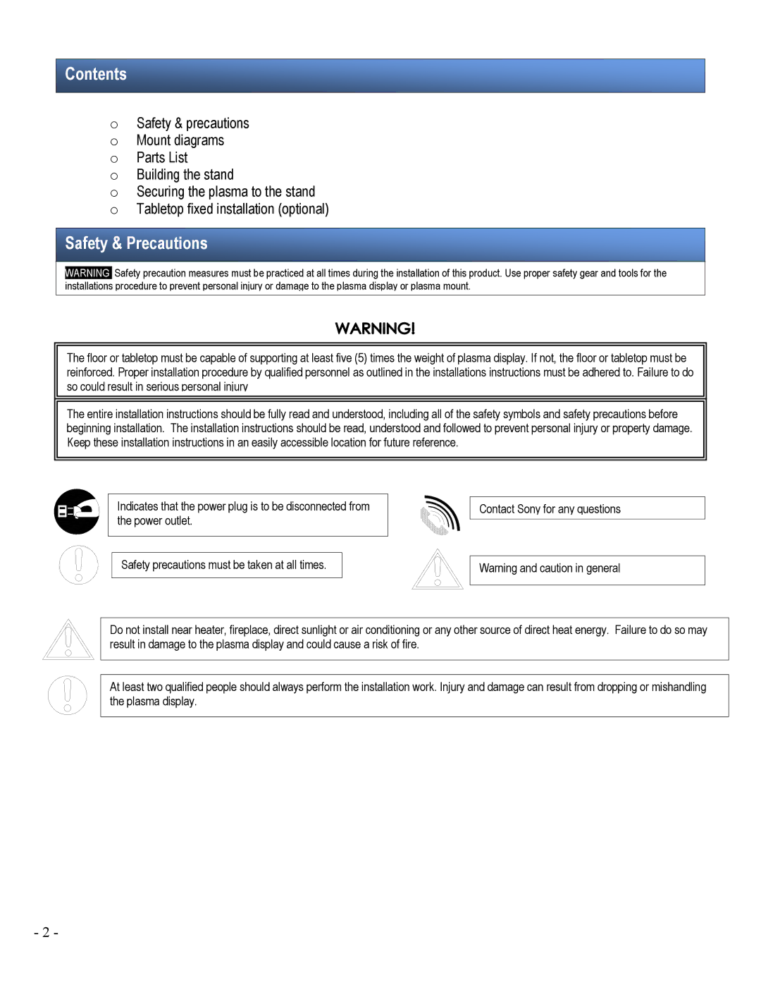 Sony SPMTRI/C installation manual Contents, Safety & Precautions 