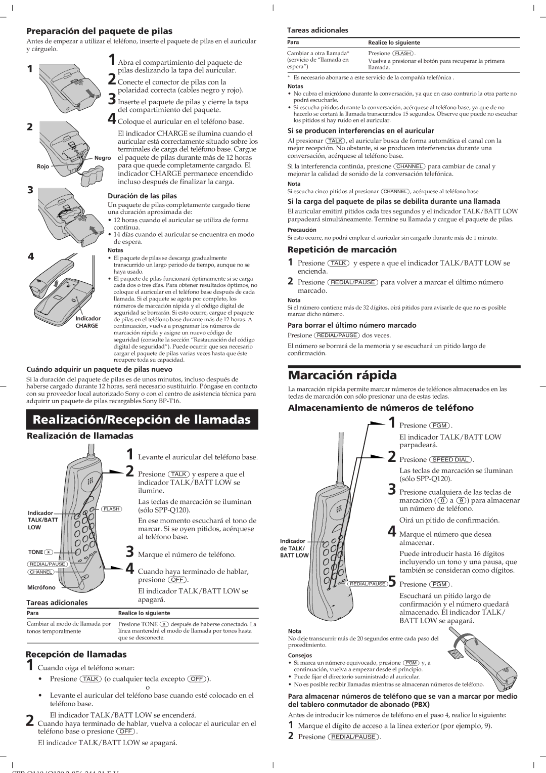 Sony SPP-Q110, SPP-Q120 operating instructions Realización/Recepción de llamadas, Marcación rápida 