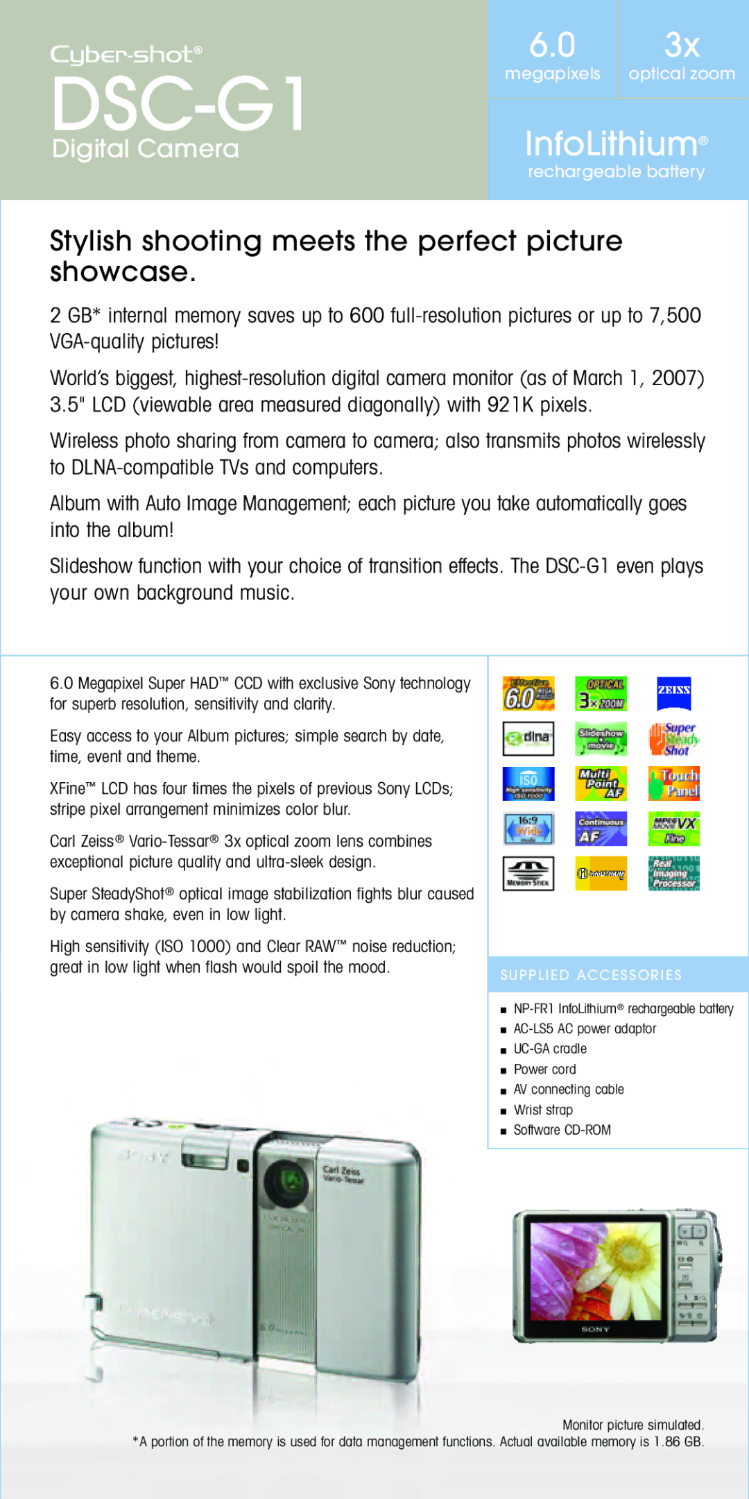 Sony Spring 2007 manual DSC-G1, InfoLithium, Stylish shooting meets the perfect picture showcase 
