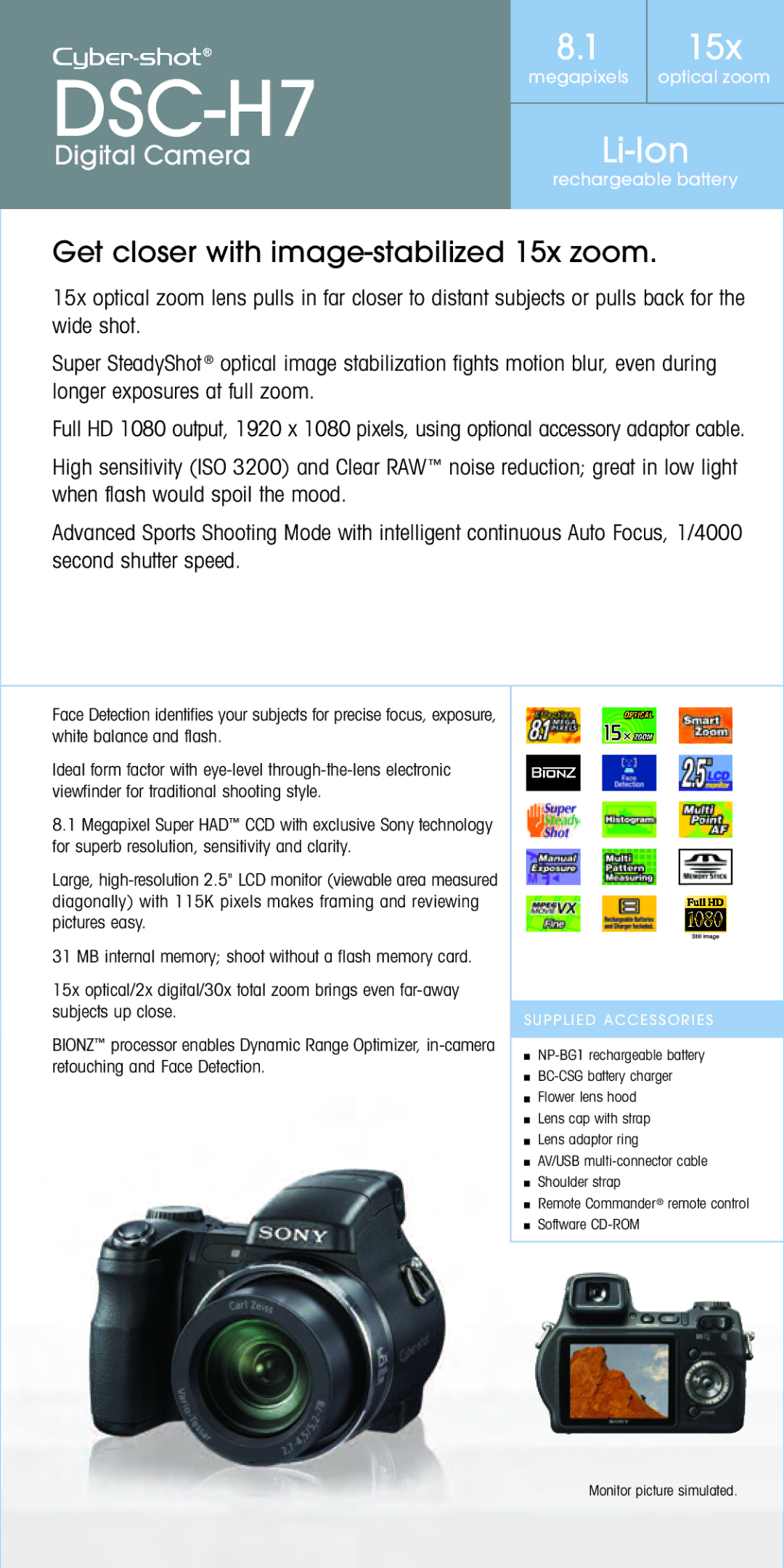 Sony Spring 2007 manual DSC-H7, Get closer with image-stabilized 15x zoom 