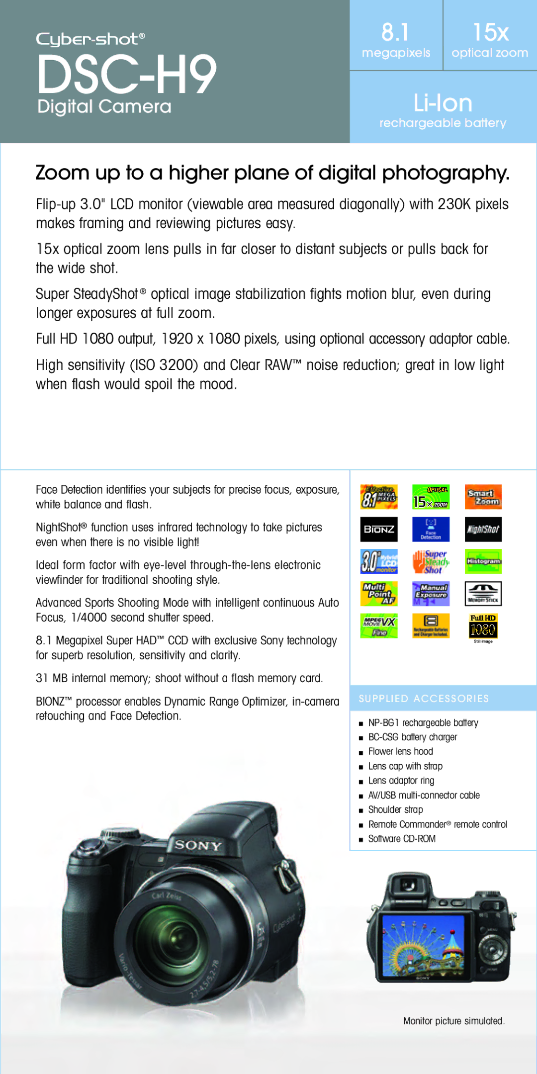 Sony Spring 2007 manual DSC-H9, Zoom up to a higher plane of digital photography 