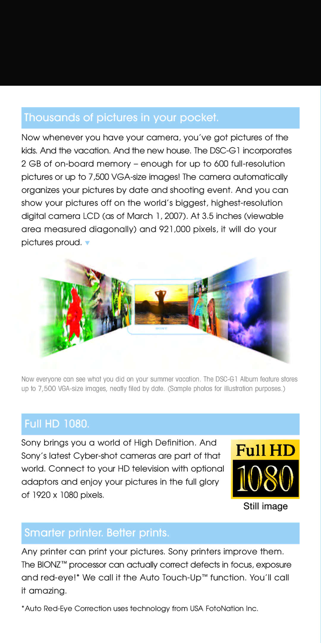 Sony Spring 2007 manual Thousands of pictures in your pocket, Full HD, Smarter printer. Better prints 