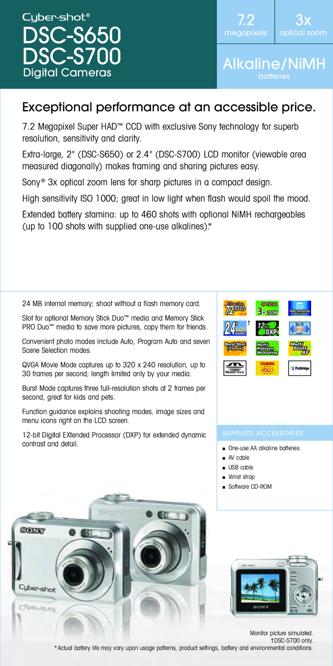 Sony Spring 2007 manual Alkaline/NiMH, Exceptional performance at an accessible price, Digital Cameras 