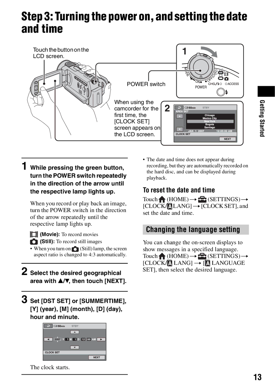 Sony SR200 Turning the power on, and setting the date and time, Changing the language setting, To reset the date and time 