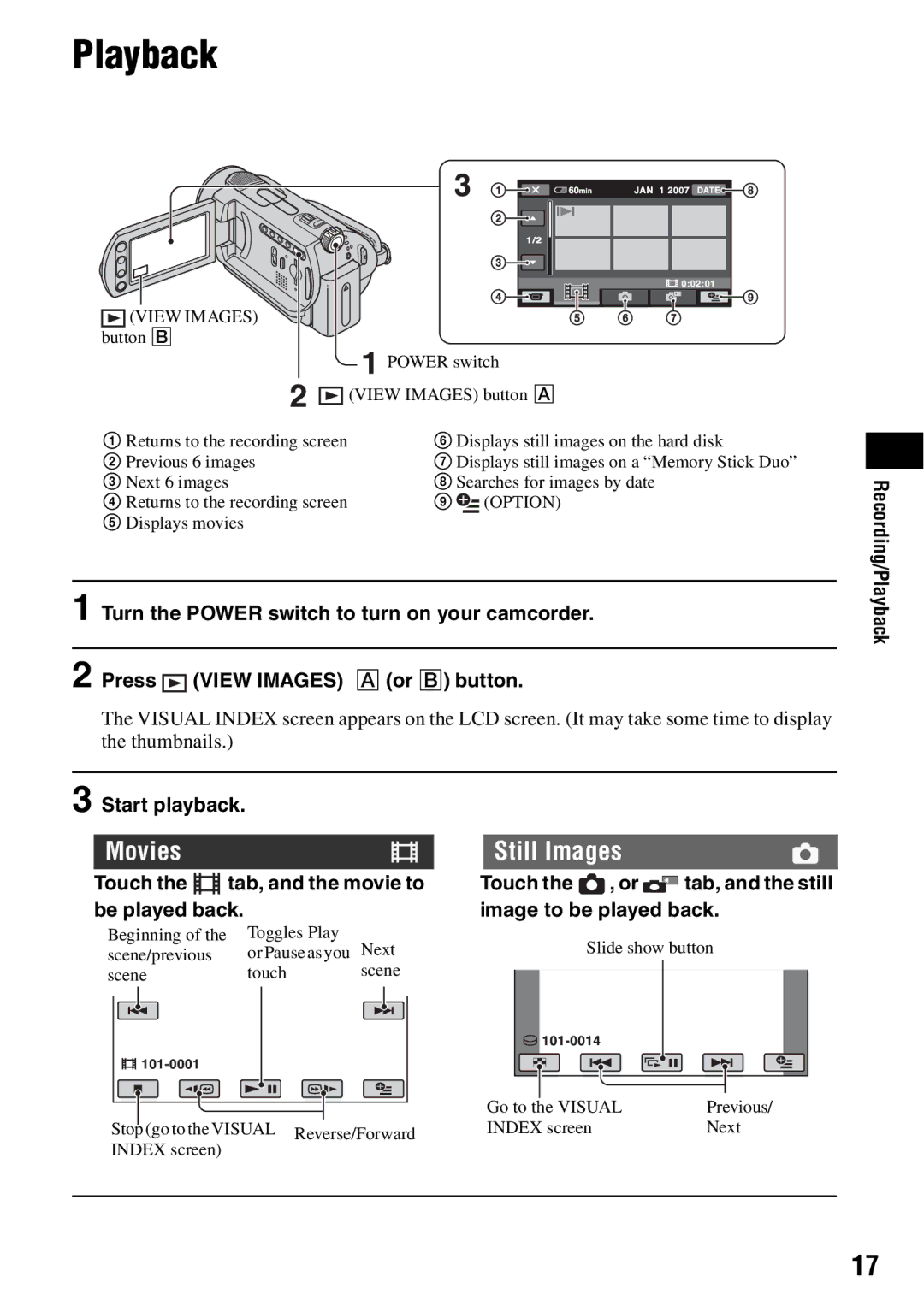 Sony SR300, SR82, SR62, SR200, DCR-SR42 Recording/Playback Start playback, Touch the tab, and the movie to be played back 