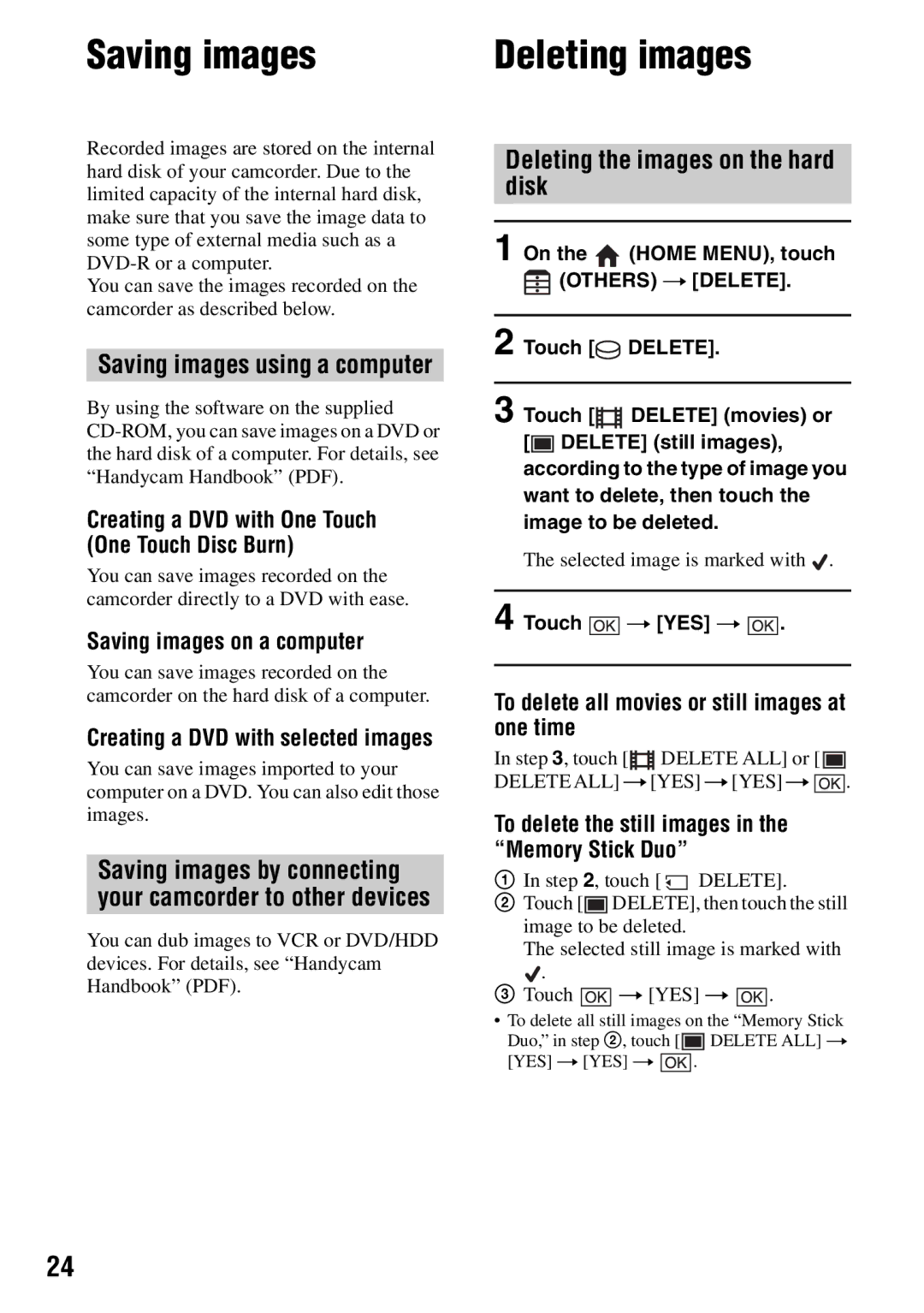 Sony DCR-SR42, SR82, SR62, SR300 Deleting images, Saving images using a computer, Deleting the images on the hard disk 