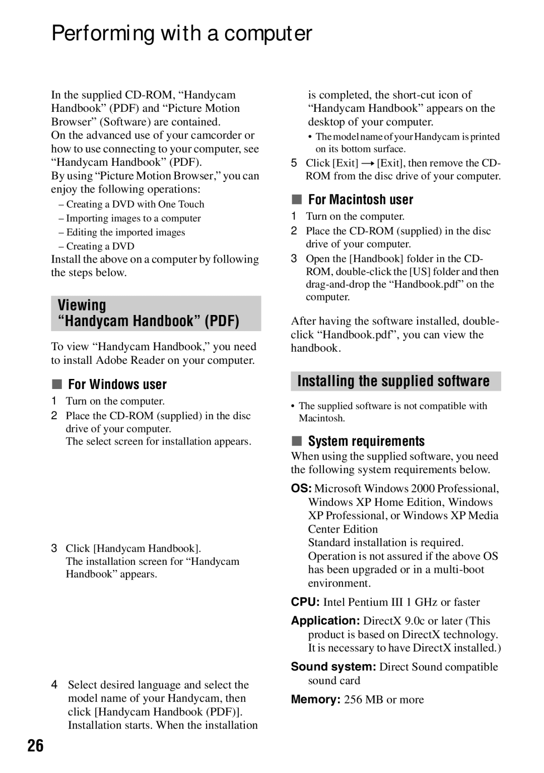 Sony SR62, SR82, SR300, SR200, DCR-SR42 manual Performing with a computer, Viewing, Installing the supplied software 