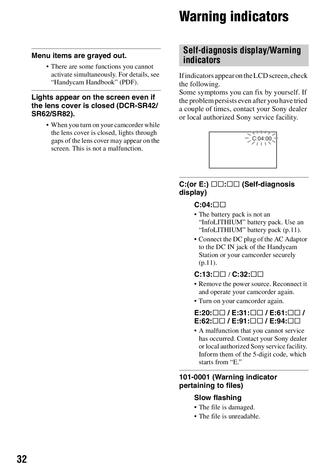 Sony SR300, SR82, SR62 Self-diagnosis display/Warning indicators, Cor E ssss Self-diagnosis display C04ss, C13ss / C32ss 