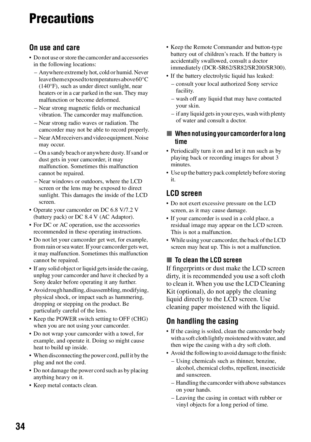 Sony DCR-SR42, SR82 Precautions, On use and care, On handling the casing, When not using your camcorder for a long time 