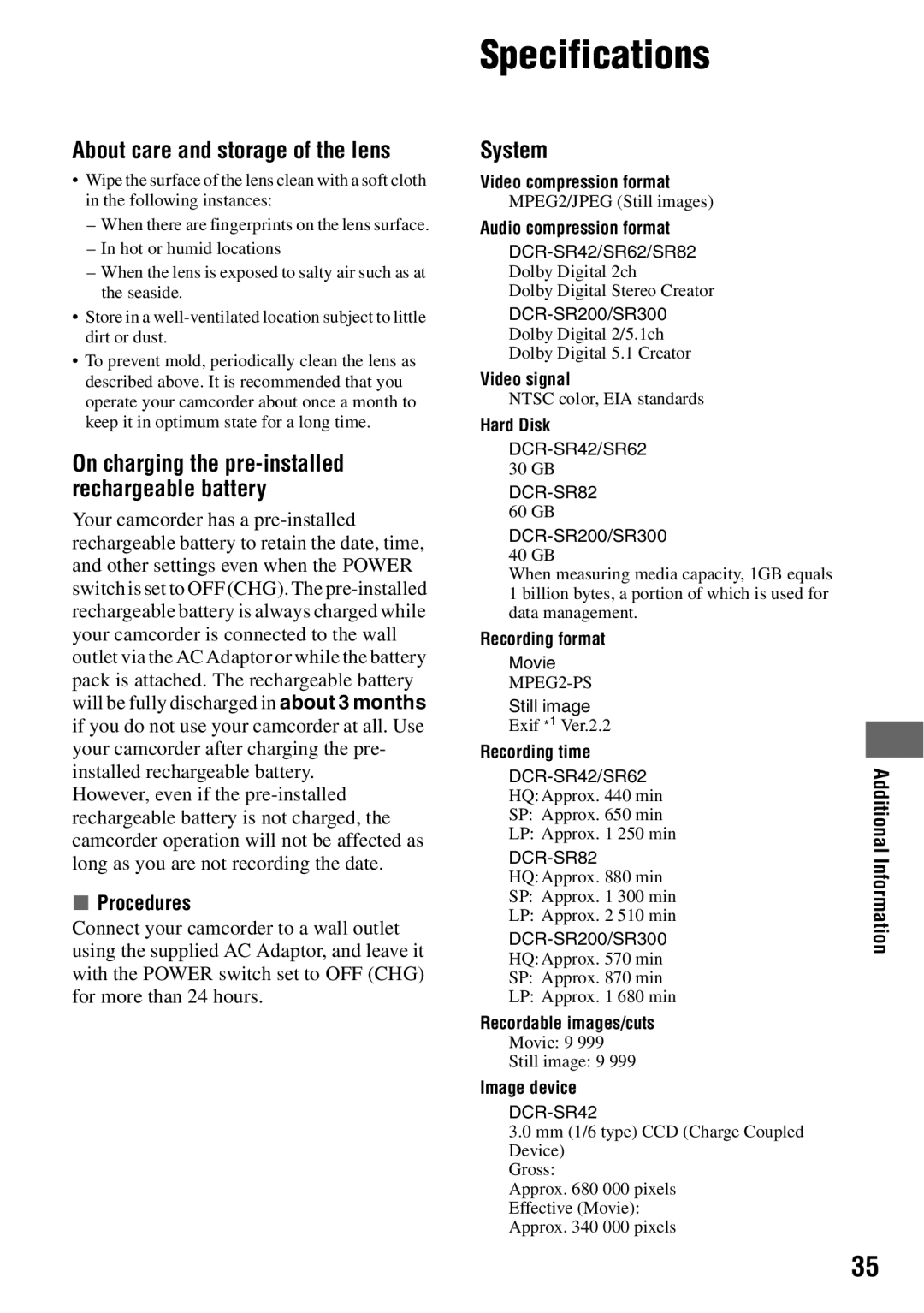 Sony SR82, SR62, SR300, SR200 Specifications, About care and storage of the lens, System, Procedures, Additional Information 