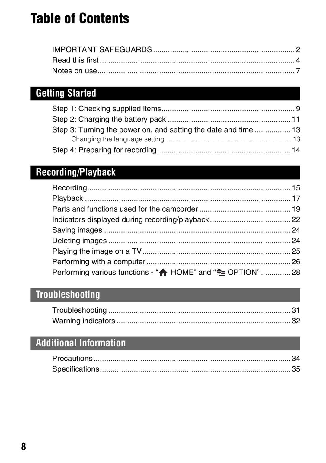 Sony SR200, SR82, SR62, SR300, DCR-SR42 manual Table of Contents 